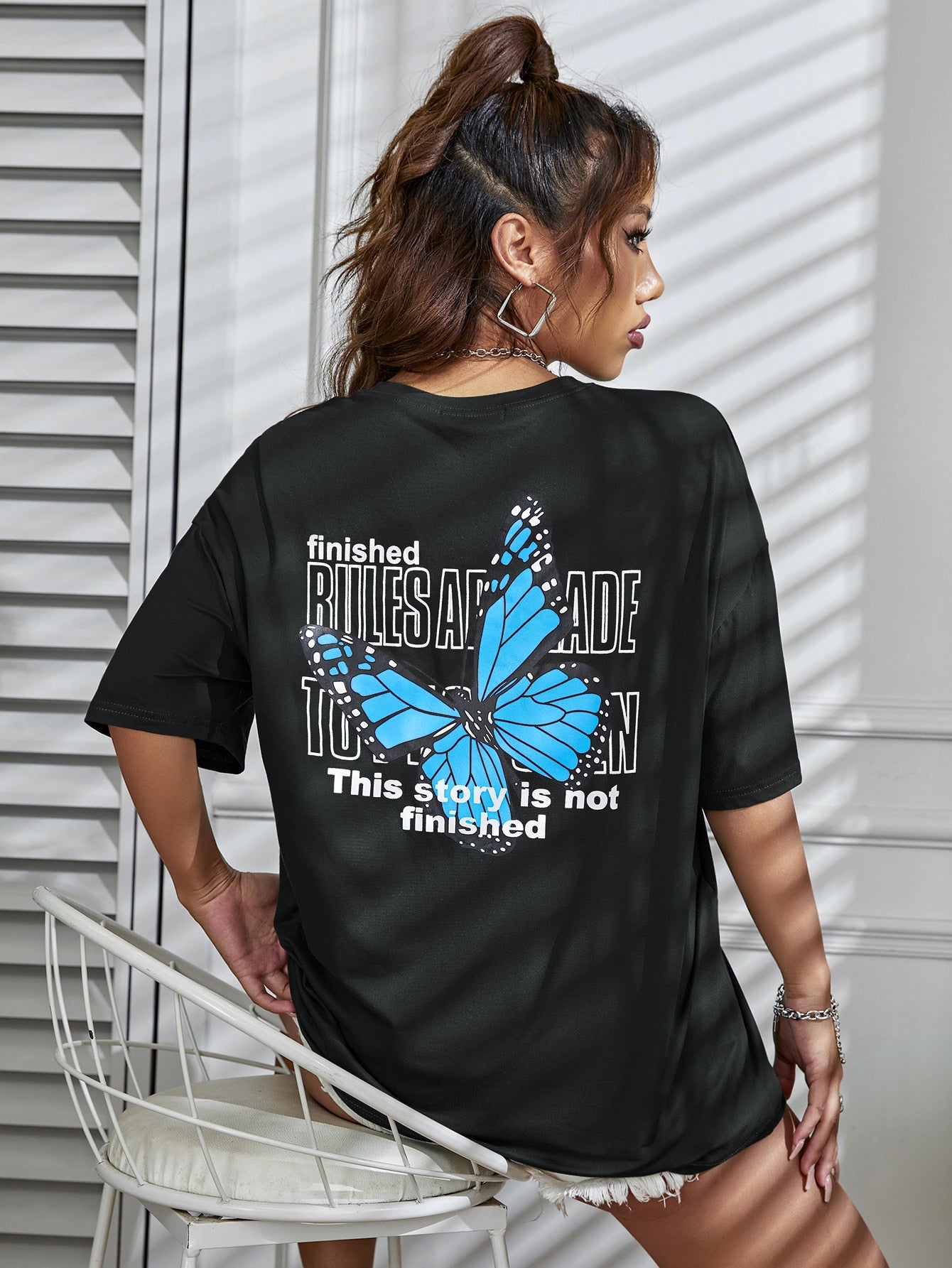 Butterfly And Slogan Women Oversized Tee