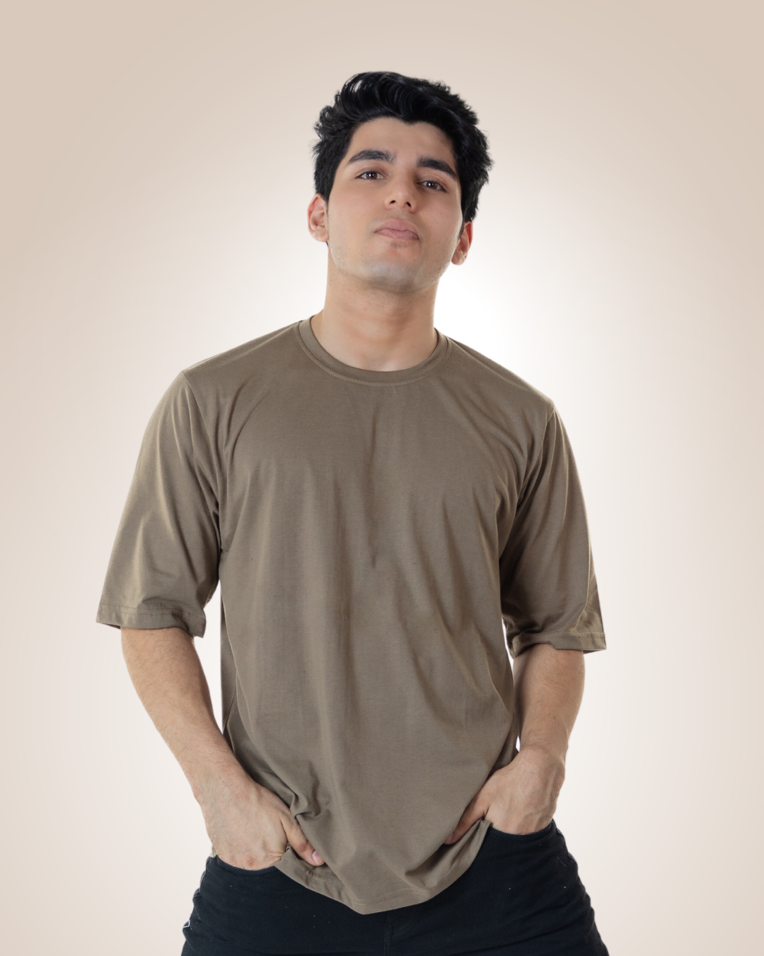 Oversized Peanut Solid T-shirt Crew Cut/Round Neck Elbow length Sleeves