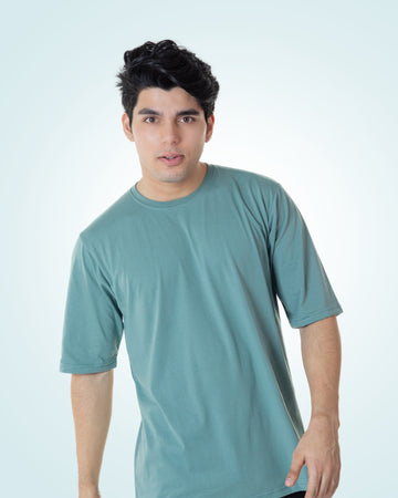 Oversized Olive Solid T-shirt Crew Cut/Round Neck Elbow length Sleeves