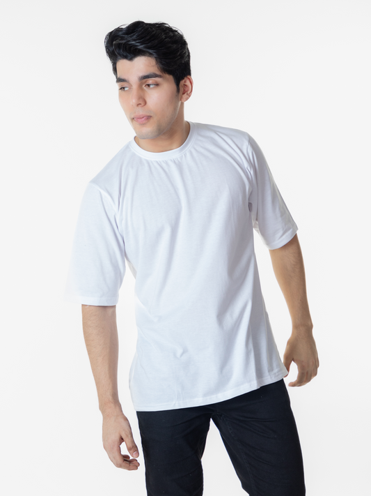 Oversized White Solid T-shirt Crew Cut/Round Neck Elbow length Sleeves