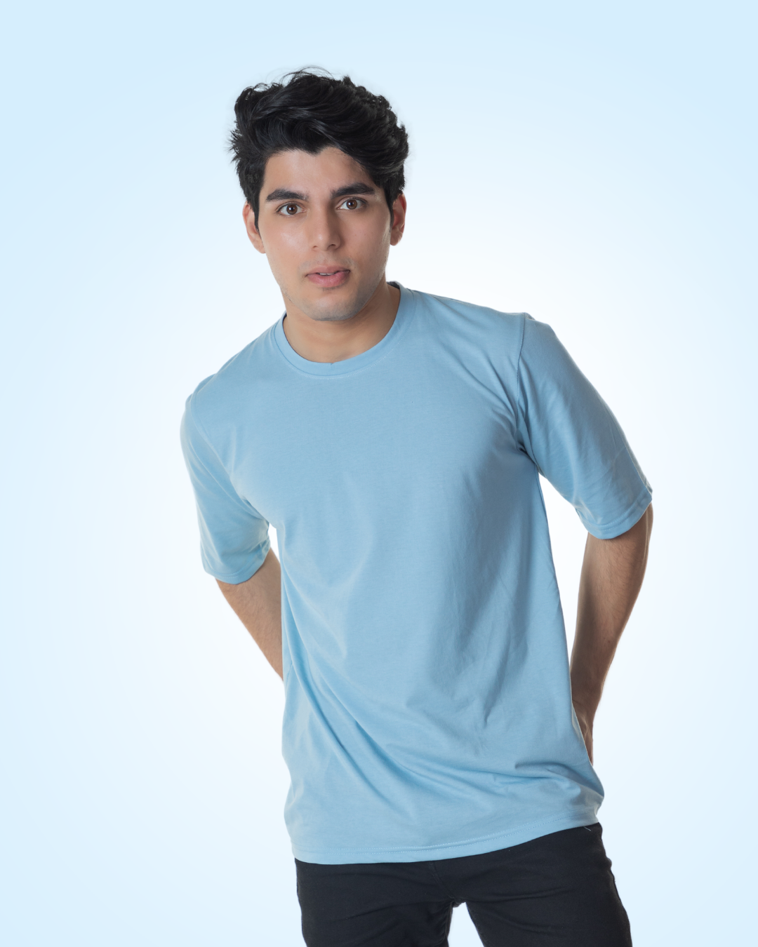 Oversized Sky Blue Solid T-shirt Crew Cut/Round Neck Elbow length Sleeves