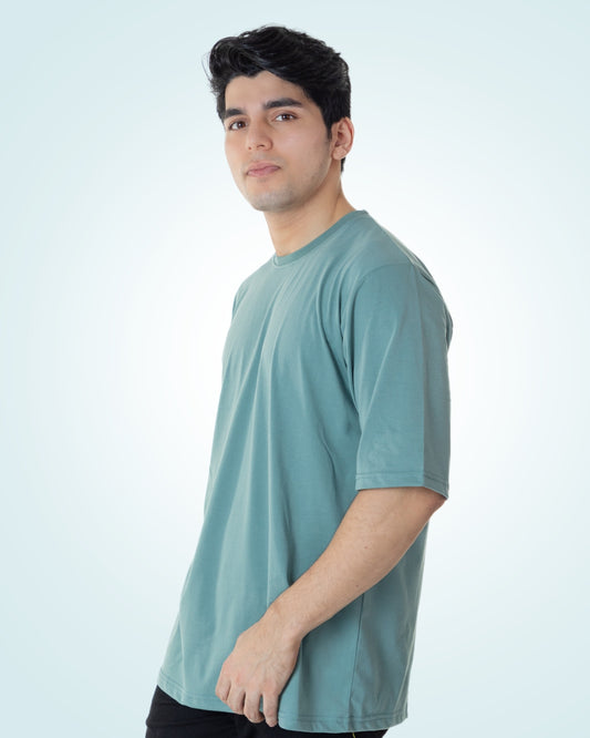 Oversized Olive Solid T-shirt Crew Cut/Round Neck Elbow length Sleeves