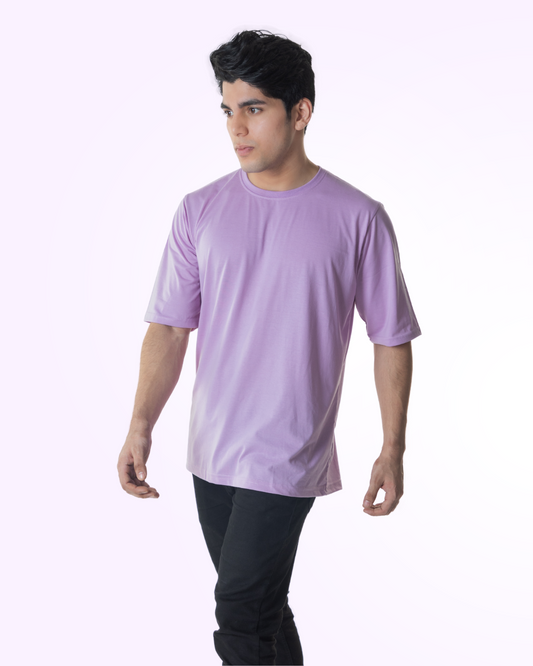 Oversized Lavender Solid T-shirt Crew Cut/Round Neck Elbow length Sleeves