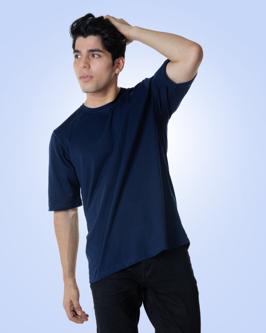 Oversized Denim Blue Solid T-shirt Crew Cut/Round Neck Elbow length Sleeves