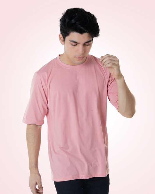 Oversized Blush Pink Solid T-shirt Crew Cut/Round Neck Elbow length Sleeves
