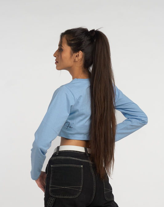 SkyBlue Solid Crop Top Full sleeves Round Neck