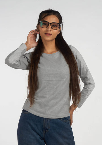 Grey Solid TopFull sleeves Round Neck