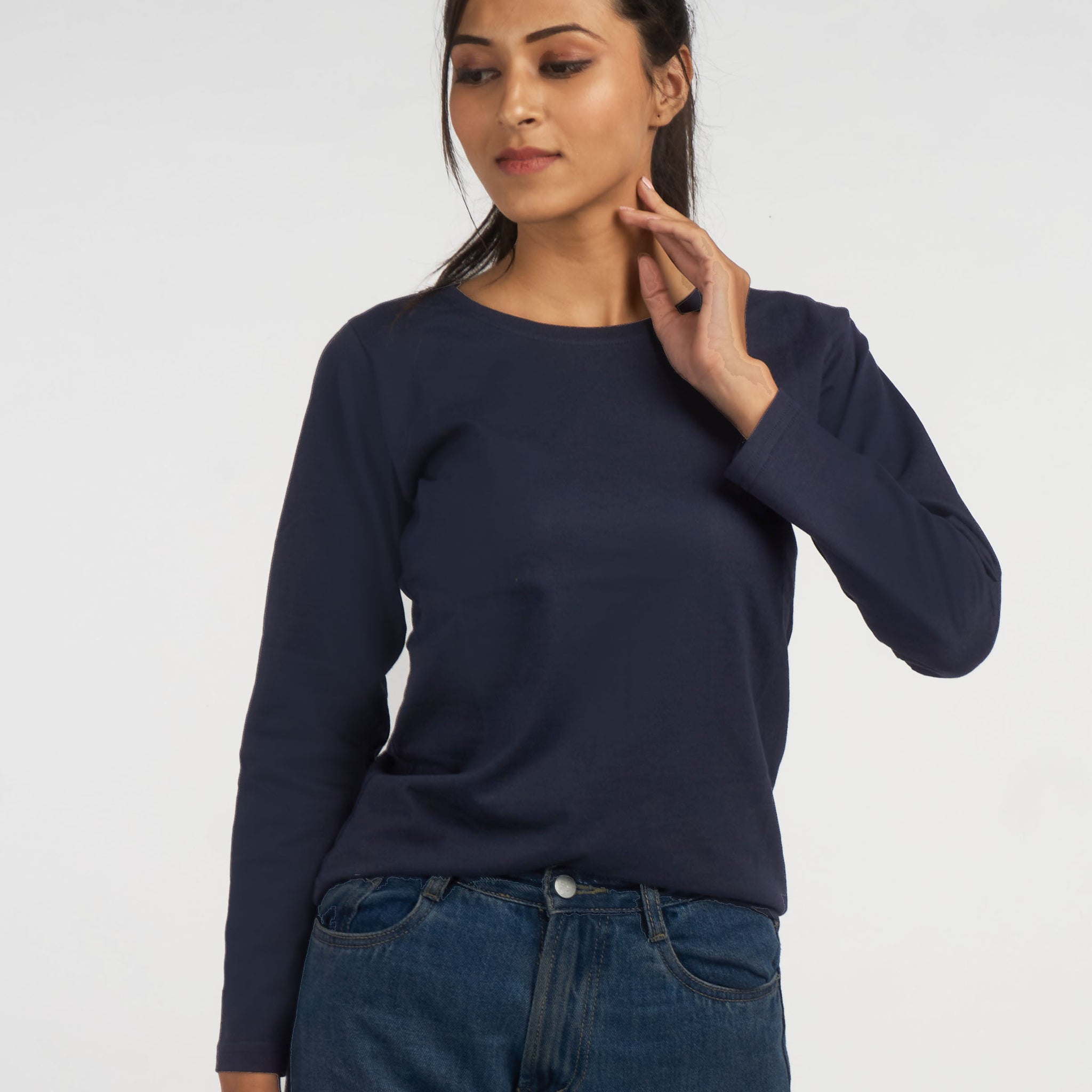 Navy Solid TopFull sleeves Round Neck