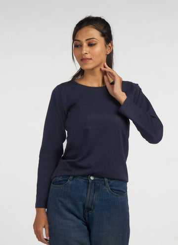 Navy Solid TopFull sleeves Round Neck
