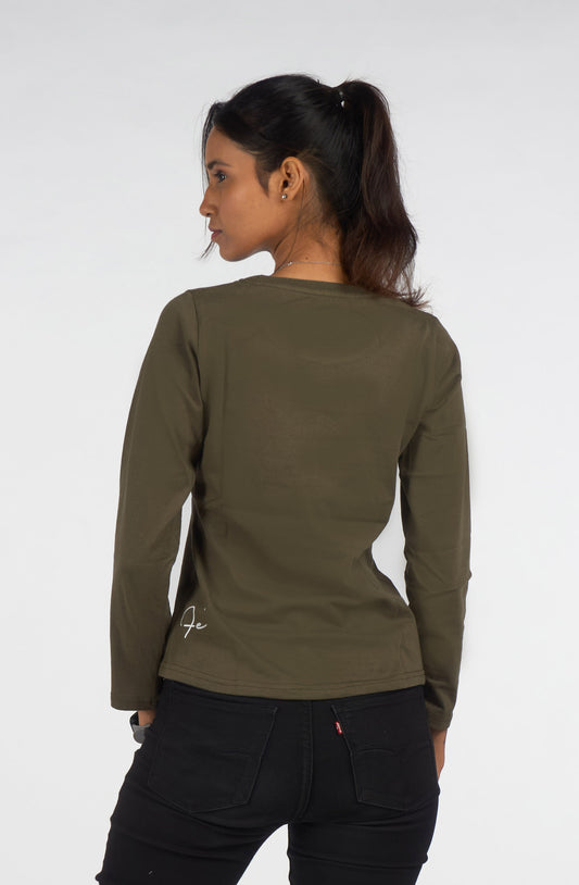 Olive Solid TopFull sleeves Round Neck