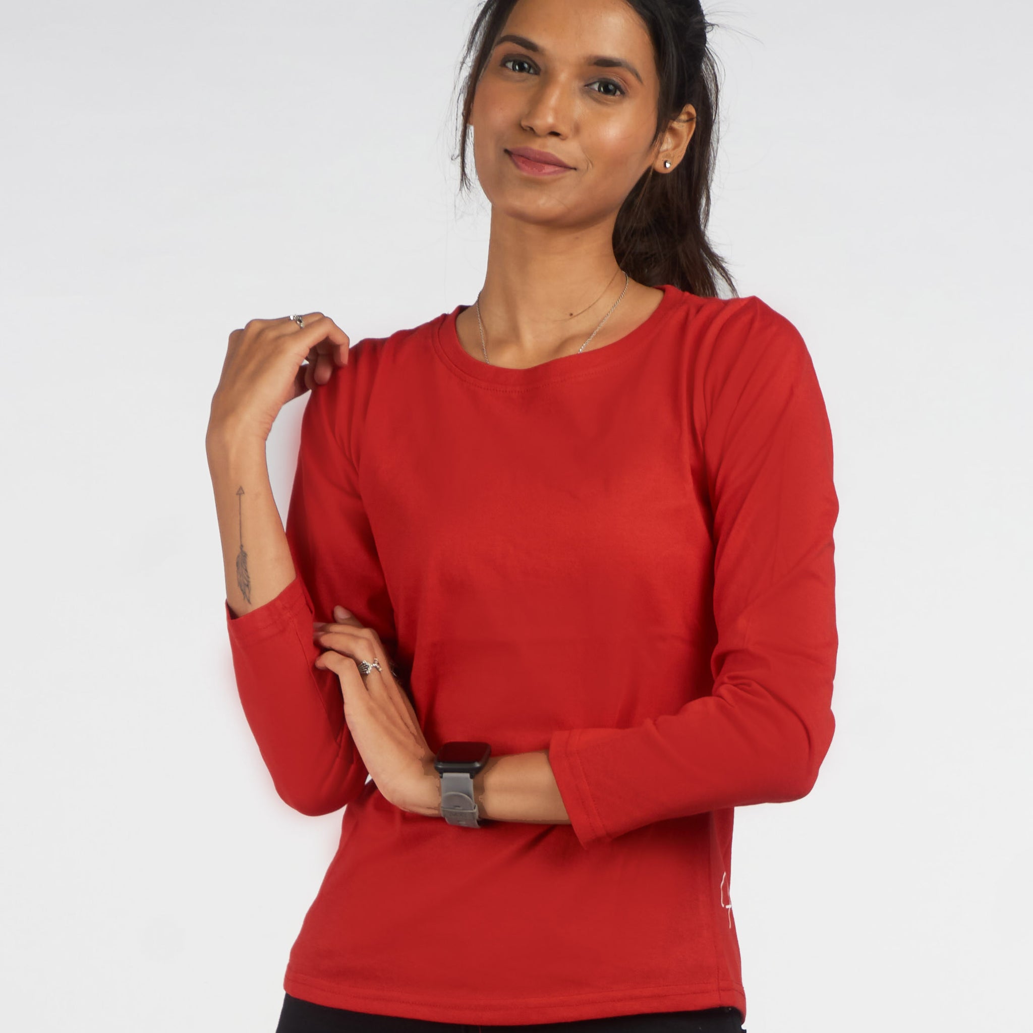 Red Solid TopFull sleeves Round Neck