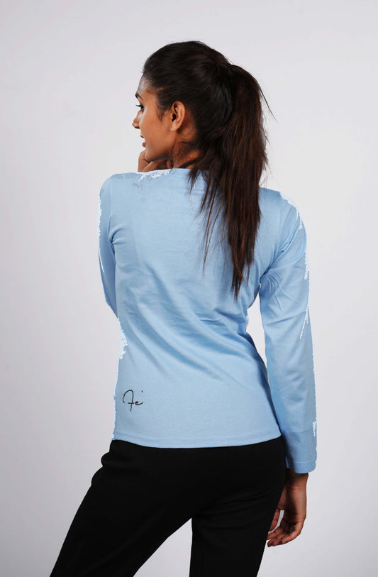 SkyBlue Solid TopFull sleeves Round Neck
