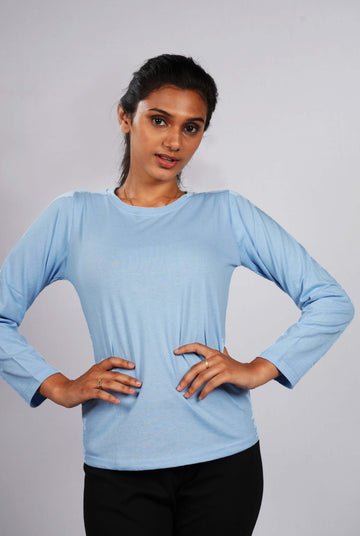 SkyBlue Solid TopFull sleeves Round Neck