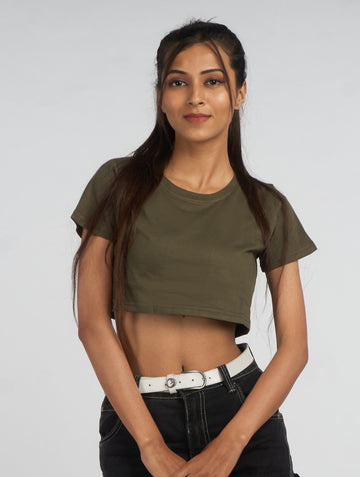 Olive Solid Crop TopHalf sleeves Round Neck