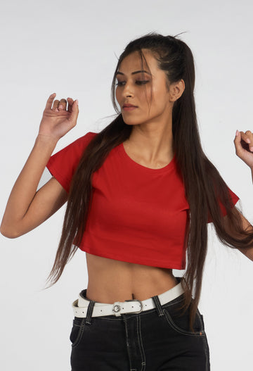 Red Solid Crop TopHalf sleeves Round Neck