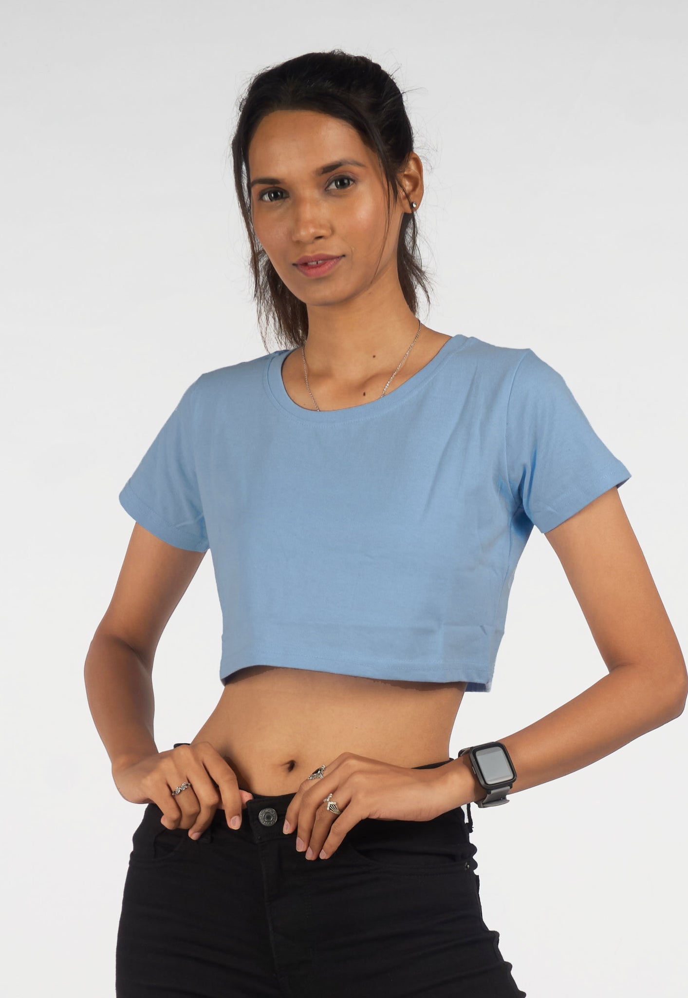 SkyBlue Solid Crop TopHalf sleeves Round Neck