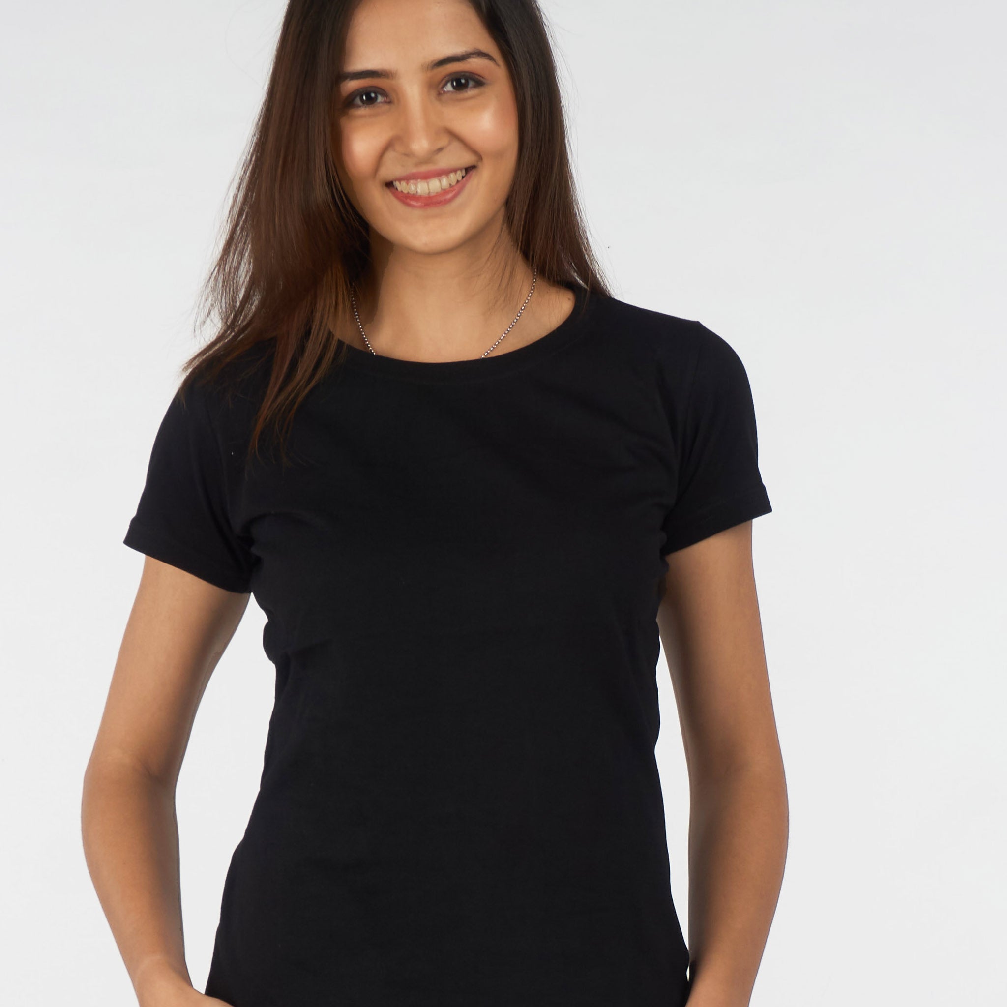 Black Solid TopHalf sleeves Round Neck