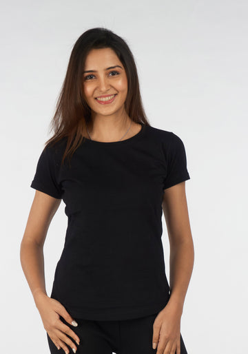 Black Solid TopHalf sleeves Round Neck