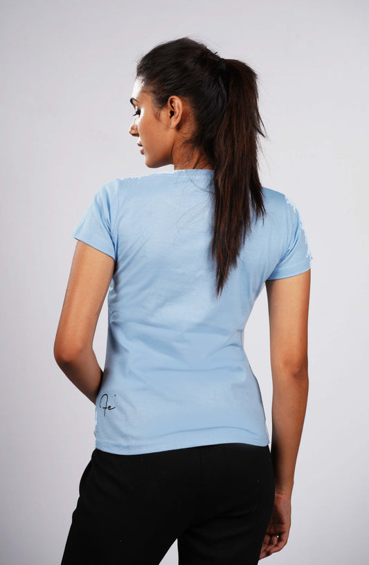 SkyBlue Solid TopHalf sleeves Round Neck