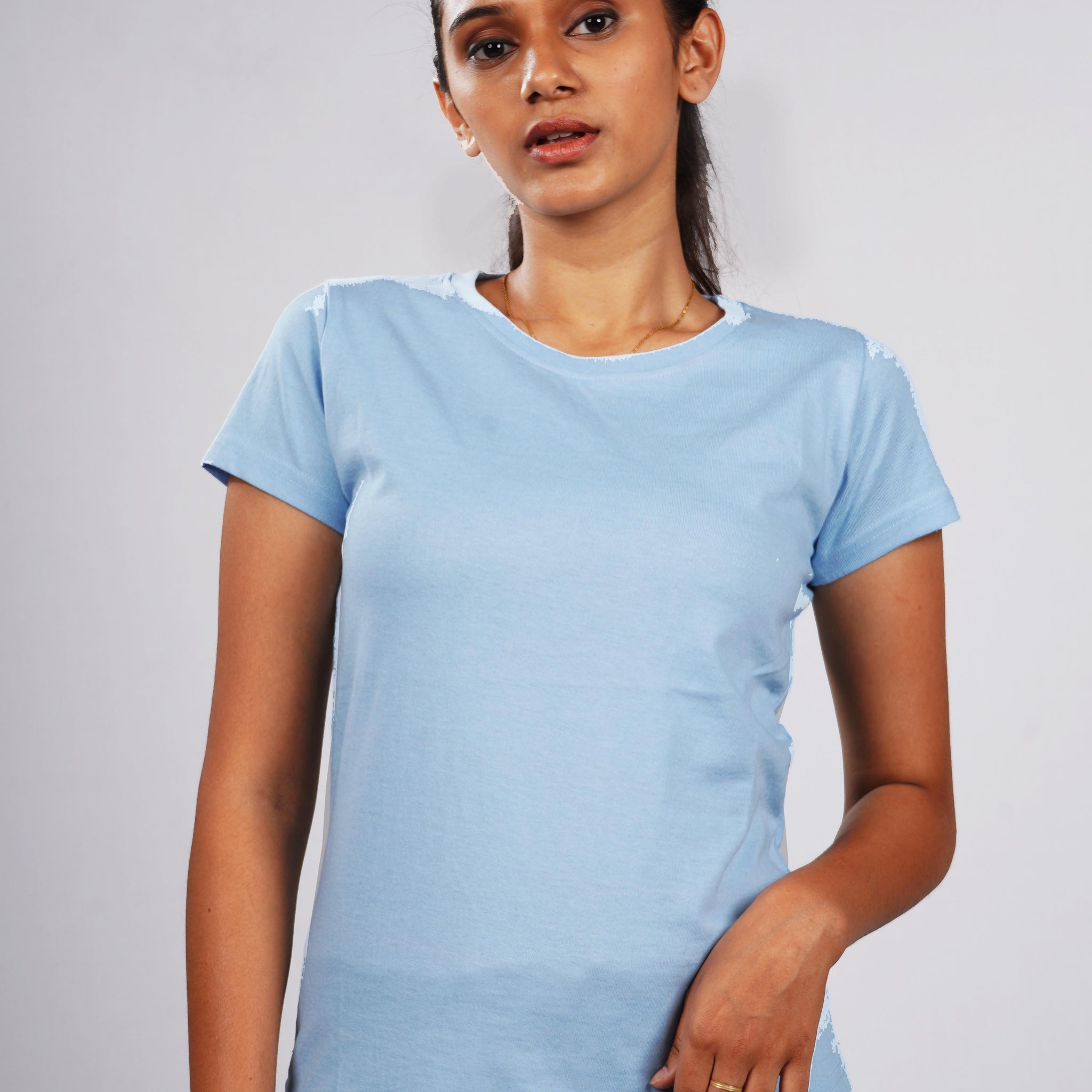 SkyBlue Solid TopHalf sleeves Round Neck