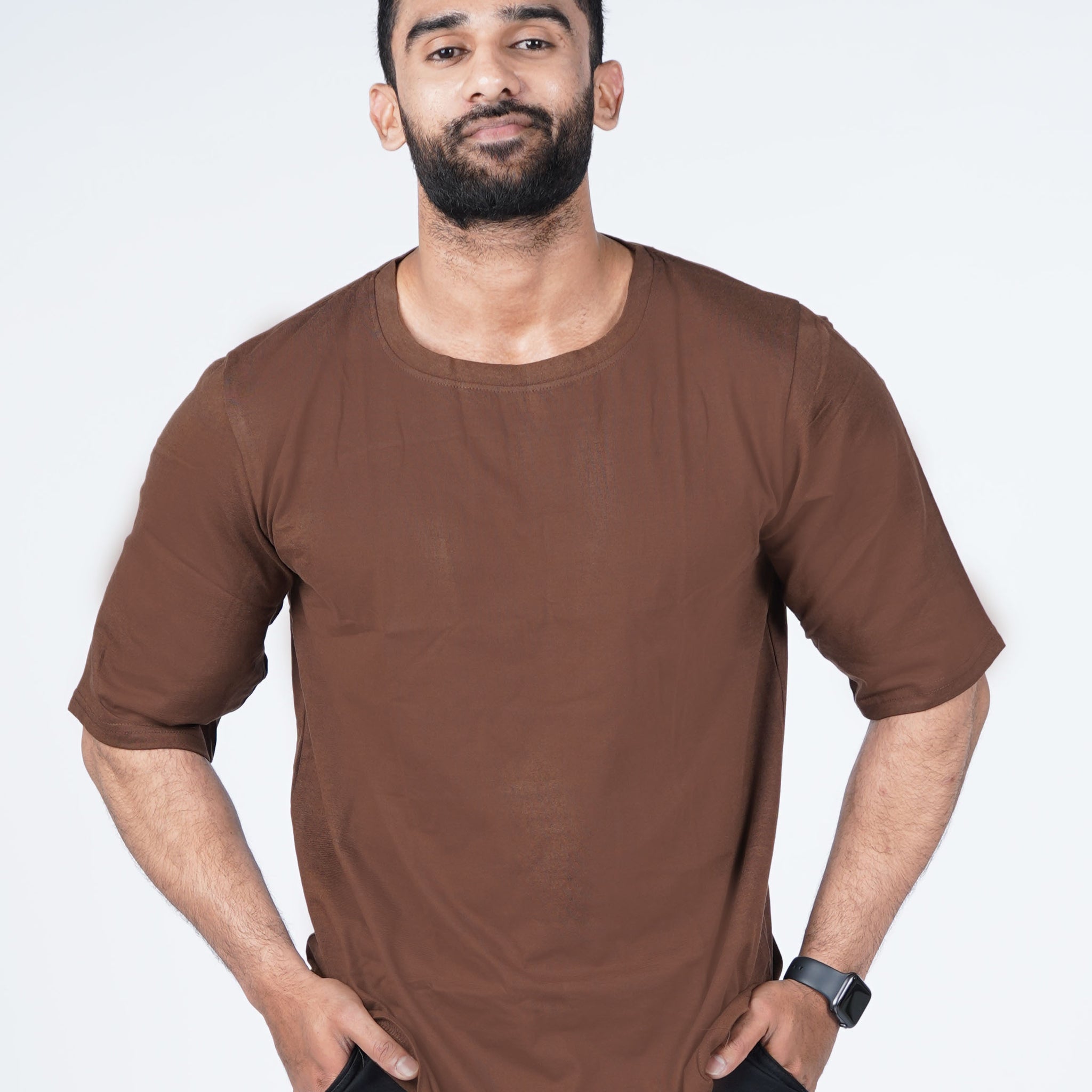 Oversized Brown Solid T-shirt Crew Cut/Round Neck Elbow length Sleeves