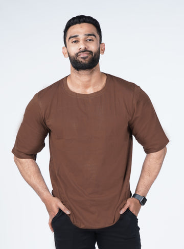 Oversized Brown Solid T-shirt Crew Cut/Round Neck Elbow length Sleeves