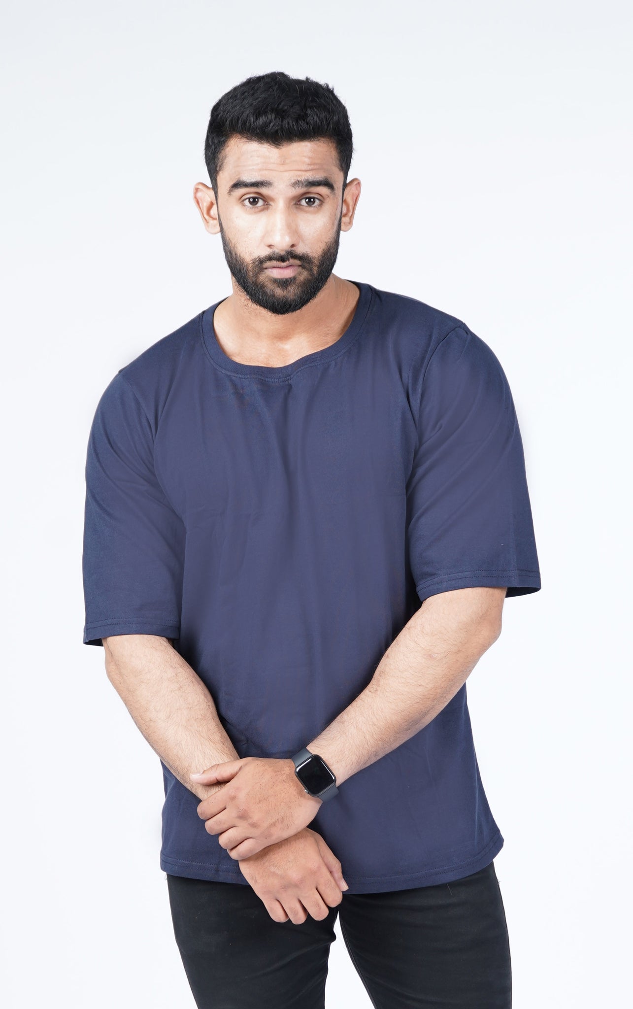Oversized Navy Solid T-shirt Crew Cut/Round Neck Elbow length Sleeves