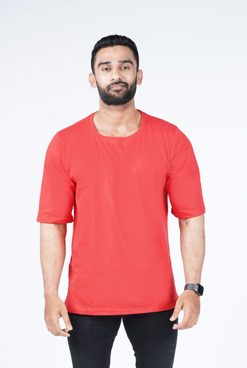 Oversized Red Solid T-shirt Crew Cut/Round Neck Elbow length Sleeves