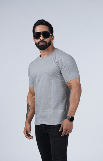 Gray Solid T-shirt Crew Cut/Round Neck Short Sleeves