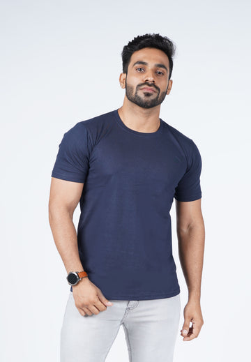 Navy Solid T-shirt Crew Cut/Round Neck Short Sleeves