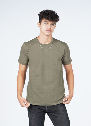 Olive Green Solid T-shirt Crew Cut/Round Neck Short Sleeves