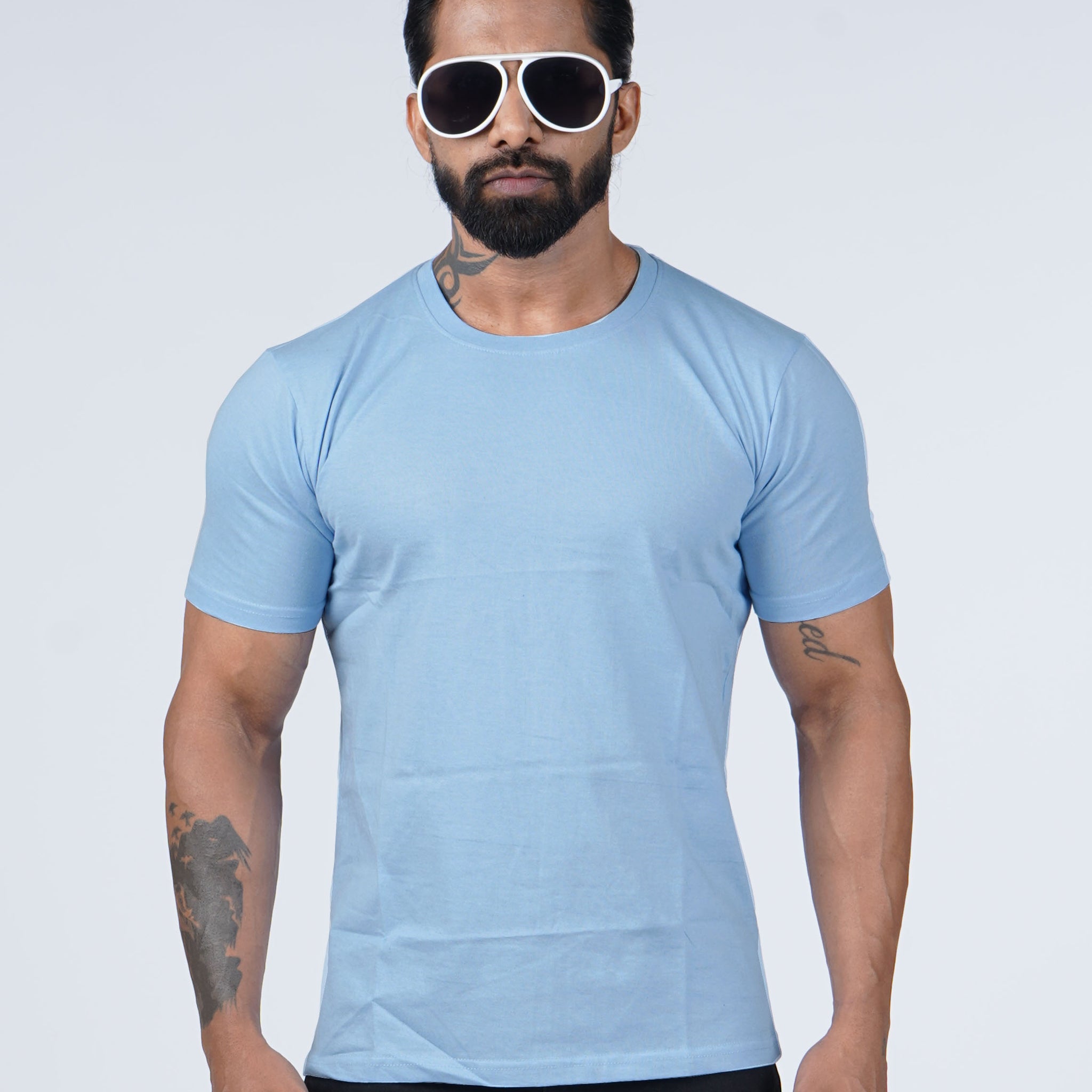 SkyBlue Solid T-shirt Crew Cut/Round Neck Short Sleeves