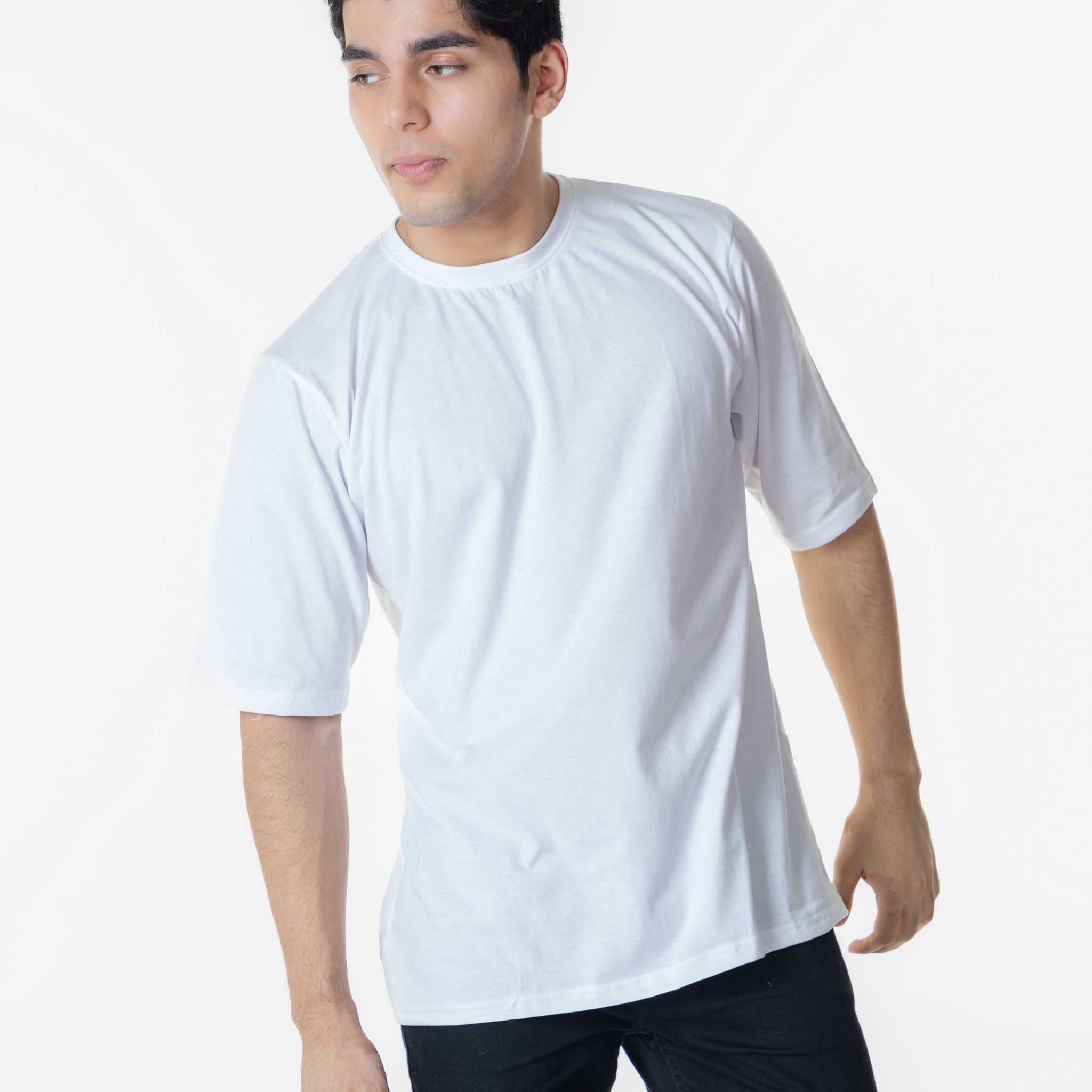 Oversized White Solid T-shirt Crew Cut/Round Neck Elbow length Sleeves